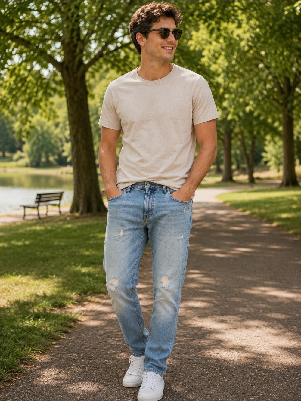 Express Distressed Boyfriend Jeans in Light Blue